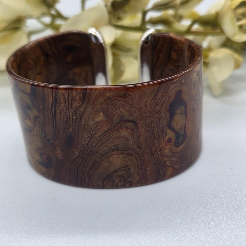 Vintage Wide Resin Cuff Bracelet Brown Amber Faux Burl-Wood